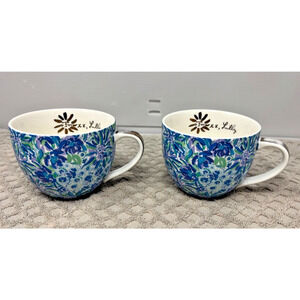 2 Lilly Pulitzer Ceramic Coffee Tea Cup Mugs Lion Around Blue Floral Coastal